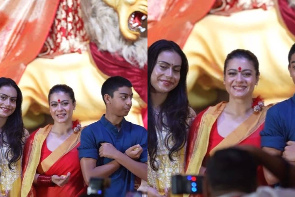 Kajol Looks Stunning, Poses With Kids Nysa And Yug At Durga Puja Pandal | Watch